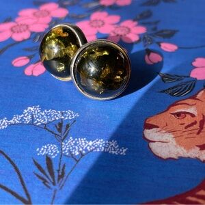 Vintage stamped 925 sterling silver & green amber cabochon pierced earrings